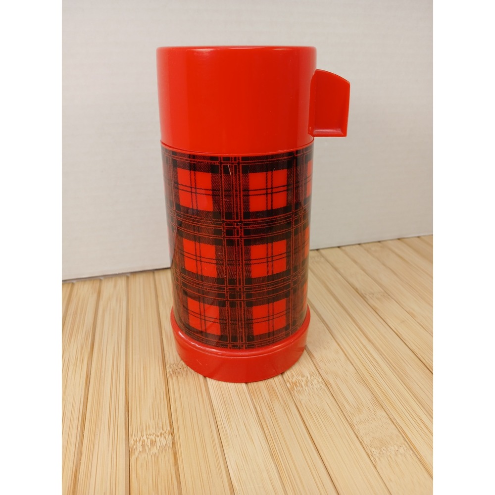 Vintage Aladdin Red Plaid Half Pint Vacuum Bottle Thermos No 113 Stopper 30
